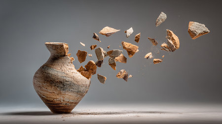 Broken clay vase on grey background. 3d rendering.の素材