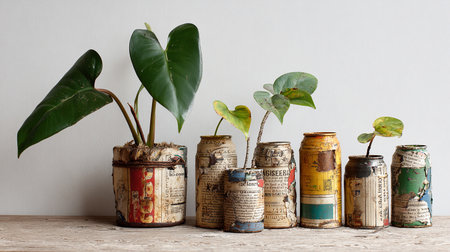 Pots with plant on the wooden table and white wall background.の素材