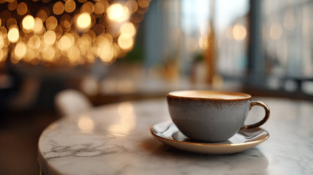 Cup of coffee on table in cafe, closeup. Space for textの素材