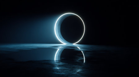 Neon circle. 3d rendering. Glowing neon circle. Glowing circle on a dark background. Glowing circle.の素材