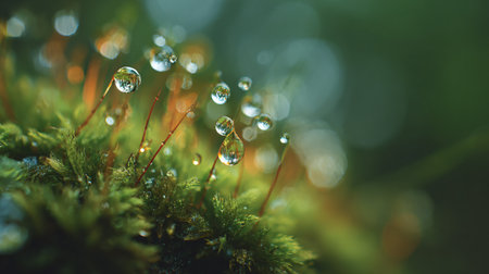 water drops on green moss in the forest with bokeh backgroundの素材