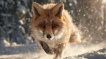 Red fox running in the snow in winter forest. Portrait of a wild animal.の素材