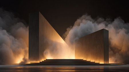 Podium illuminated at night with smoke and fog. 3D renderingの素材