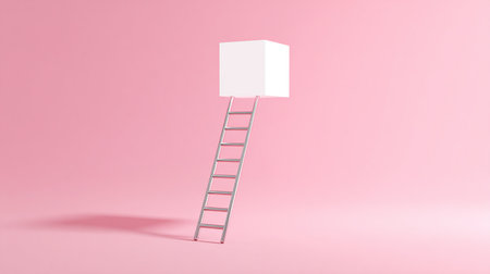 3d rendering of a ladder leading to a white cube on a pink backgroundの素材