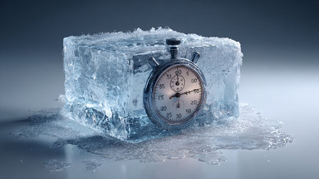 Stopwatch in ice cube. Time concept. 3D rendering.の素材