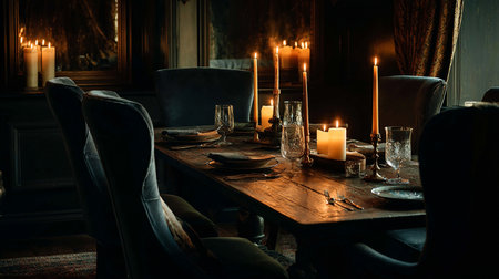 Interior of a luxury restaurant. Table setting with candles. Vintage style.の素材