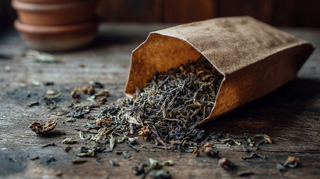 Dry tea leaves in a paper bag on an old wooden tableの素材