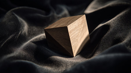 Wooden cube on black fabric background. Minimalist style.の素材