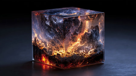 Close up shot of an ice cube with fire on a black backgroundの素材