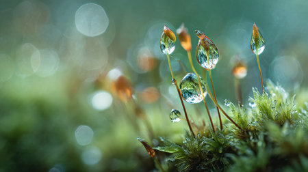 Water drops on moss with bokeh background. Nature concept.の素材
