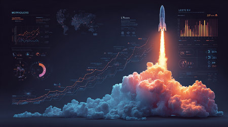Rocket in dark space with graphs and charts on the background. 3d renderingの素材