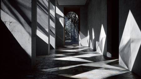 3d render of a corridor with light coming through the window.の素材