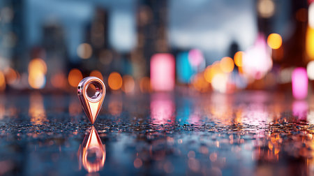 Map pin on the road in the city at night with reflection.の素材