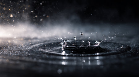 Falling drops of water. Splash effect after collision a falling drops with water Surfaceの素材