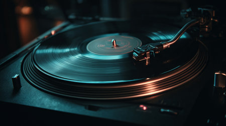 Turntable playing vinyl record on dark background. Close up.の素材