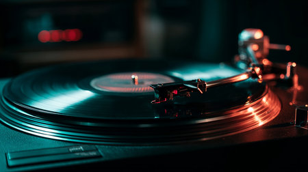Turntable playing vinyl at night club. Close-up.の素材