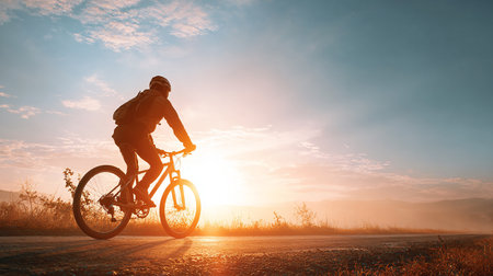 Silhouette of a cyclist riding a bicycle on the road at sunriseの素材