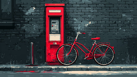 Bicycle and red telephone booth in front of a brick wall.の素材