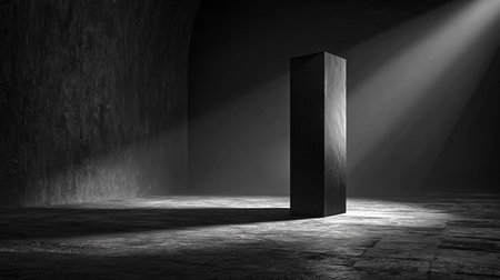 3d rendering of a dark empty room with a black pedestalの素材