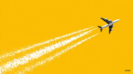 Airplane in the sky with white trace on a yellow background.の素材
