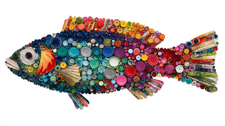 Colorful fish made from plastic caps isolated on white background, clipping path includedの素材