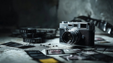 Old camera and film on grunge background. Shallow depth of fieldの素材