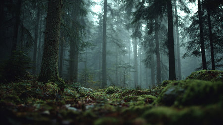 Dark forest in the morning with fog and moss on the ground.の素材