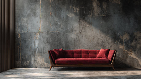 Red sofa in dark room with concrete wall. 3D Renderingの素材
