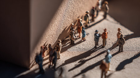 Miniature people : Group of people standing on the wall in the museumの素材