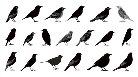 Set of black birds isolated on white background. Vector illustration for your designの素材