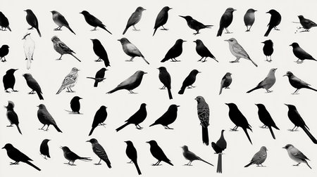 Seamless pattern of black and white birds on a white backgroundの素材