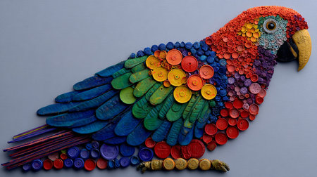 Colorful parrot made of beads and thread on a grey backgroundの素材