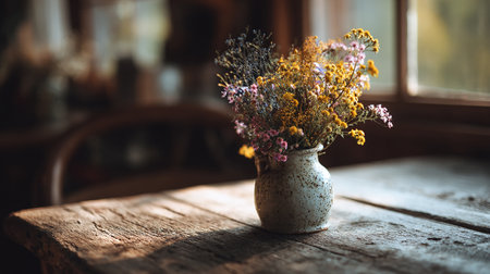 Vase of dry flowers on wooden table in cafe, stock photoの素材