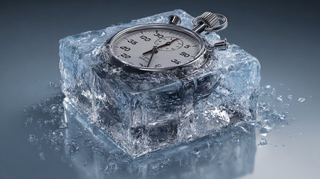 Stopwatch frozen in ice cube. 3d illustration. 3d renderingの素材