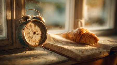 Alarm clock and croissant on the windowsill. Vintage styleの素材