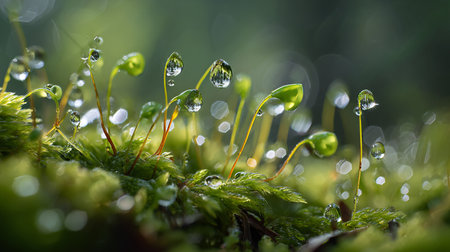 Macro closeup of water droplets on green moss in forestの素材