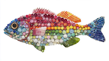 Colorful bottle caps in the shape of fish on a white backgroundの素材