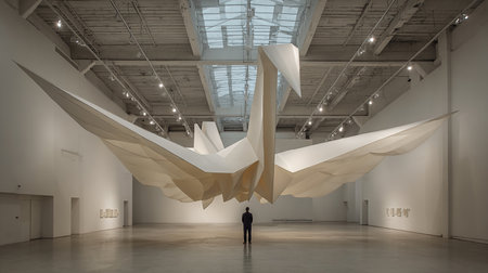 3d rendering of a man looking at an abstract sculpture in a museumの素材