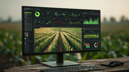 Agriculture data analyzing on computer screen. Agronomist working in agricultural field.の素材