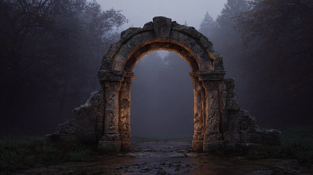 Mysterious ruins of an ancient city in the fog. 3D renderingの素材