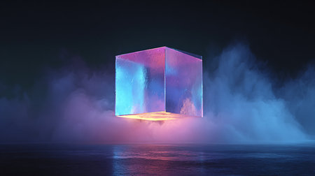 3D illustration of a cube in the dark with smoke and fogの素材