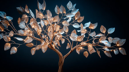 3D rendering of a tree with lights in the form of leavesの素材