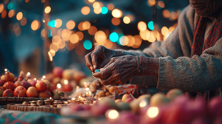 Elderly woman making christmas decorations. Selective focus.の素材