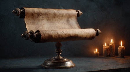 Antique scroll with burning candles on dark background. Copy space.の素材