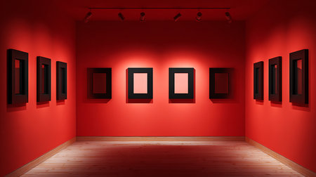 Interior of the red room with empty frames. Vector illustration.の素材
