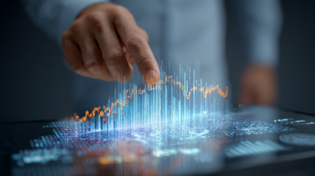 Businessman using tablet with abstract forex chart on blurry background 3D renderingの素材