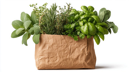 Fresh herbs in a paper bag on a white background. Isolatedの素材