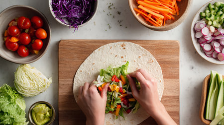 cropped shot of woman taking tortilla with vegetablesle surfaceの素材