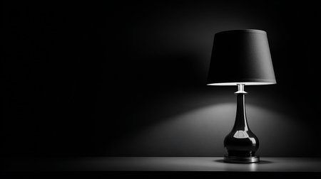 Black table lamp on black wall background. 3d render illustration.の素材