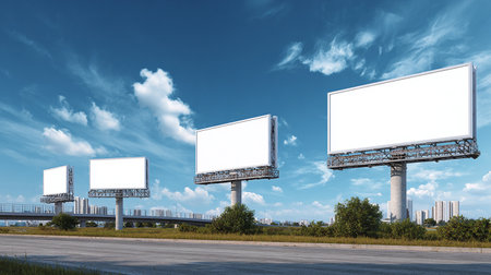 Blank billboard on highway with blue sky and white clouds background.の素材